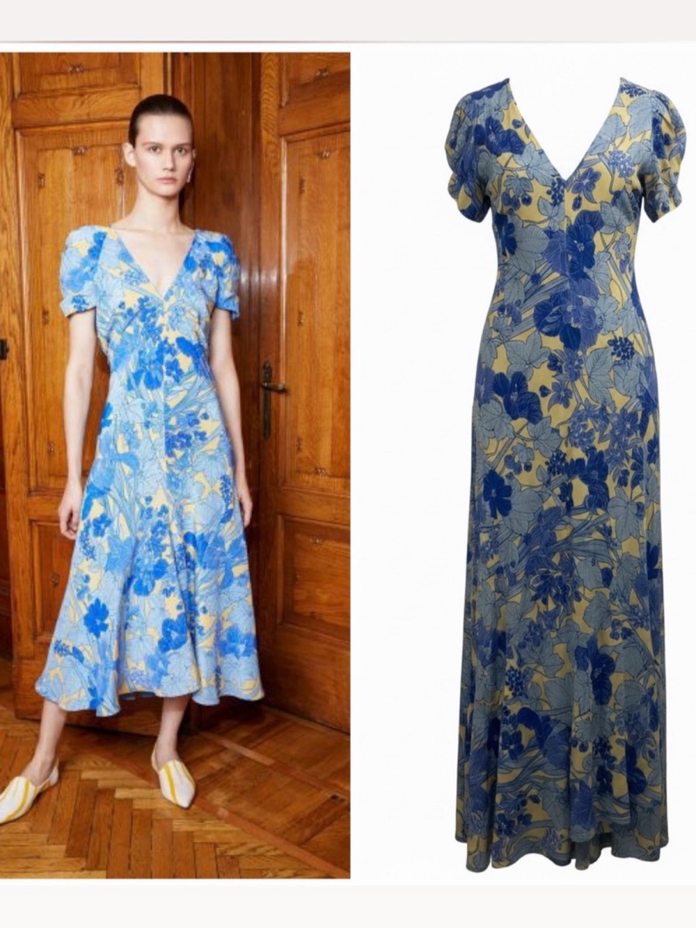 Roberto Cavalli Blue Yellow Silk Floral Midi Dress V Neck Puff Sleeve NWT US8 🟡